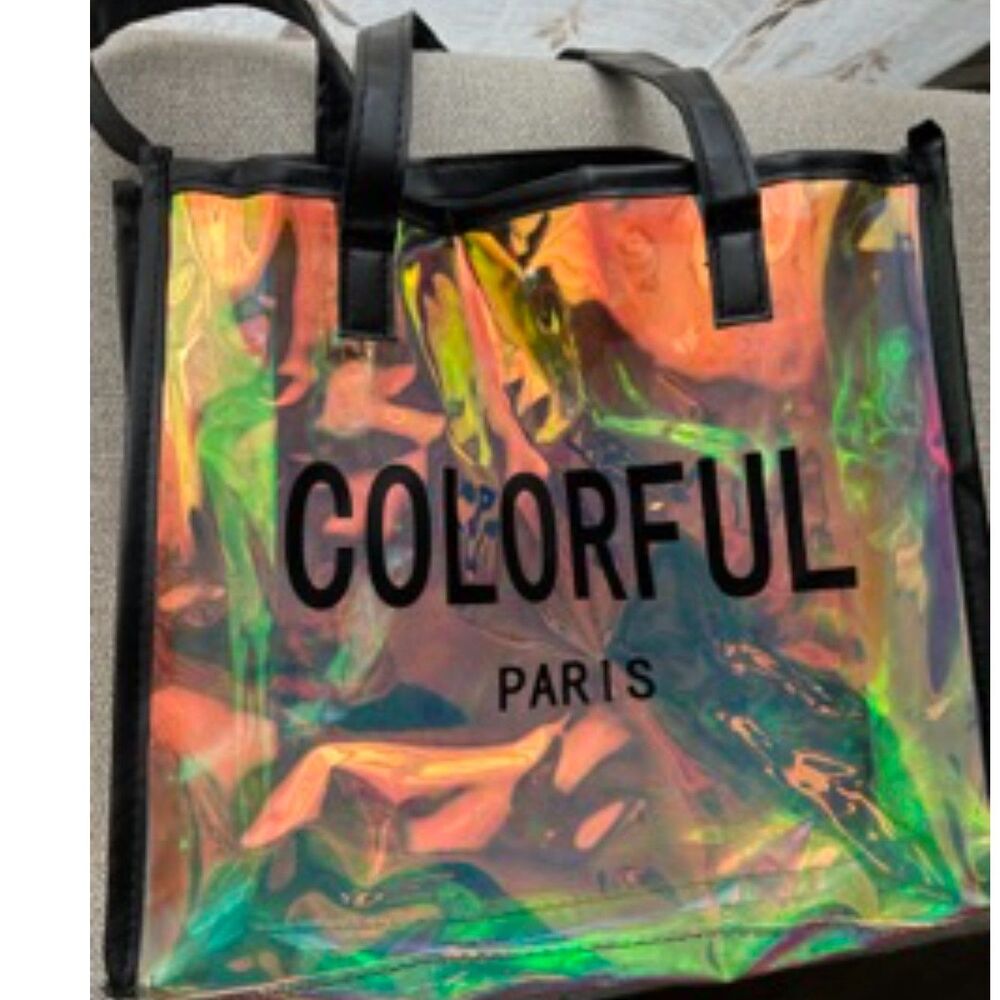 Holographic Tote Bag Colorful Paris Iridescent Clear Shopper Statement Bag